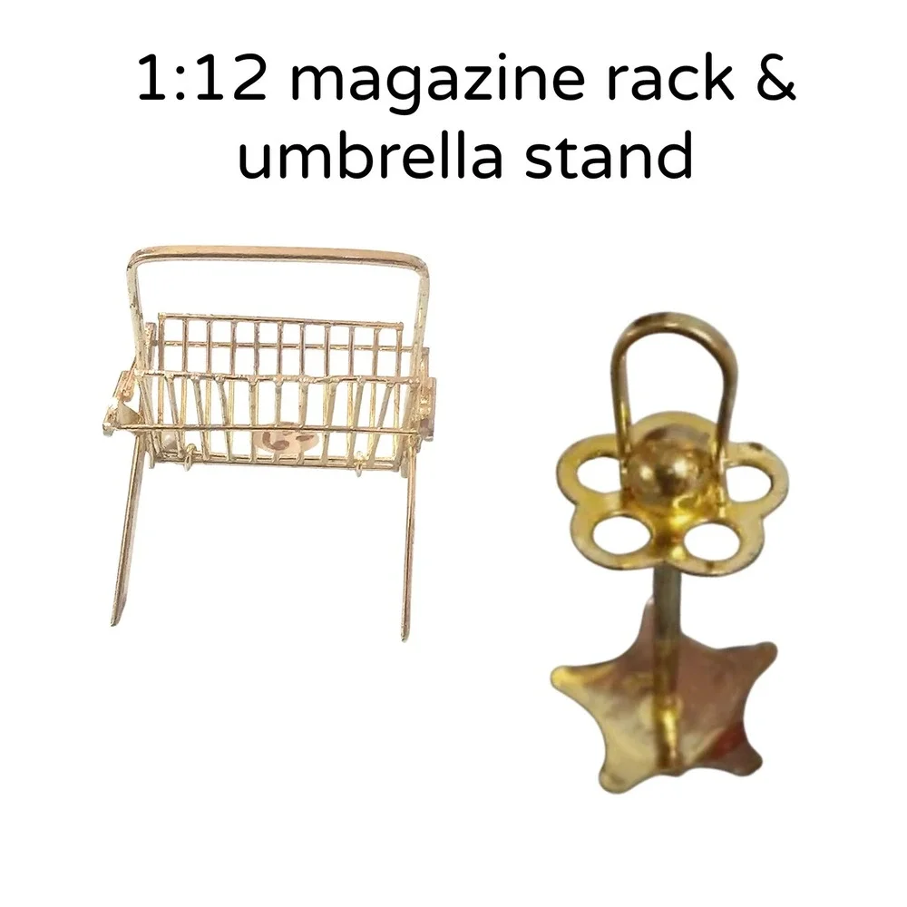 1:12 Dollhouse MCM Miniature Gold Metal Magazine Rack and Umbrella Stand Set